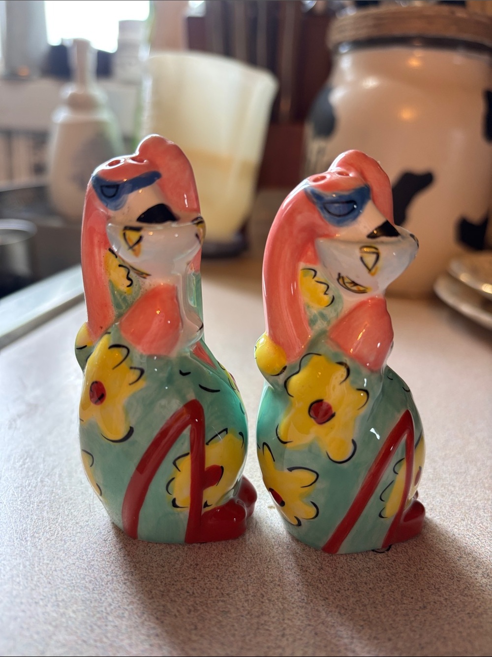 Hand-Painted Floral Ceramic flamingo Salt & Pepper Shakers - Multicolor